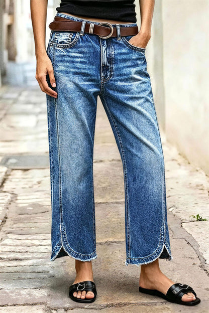 Wash Raw Hem Split Mid Waist Wide Leg Cropped Jeans Without Belt