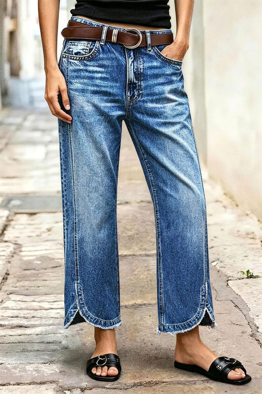 Wash Raw Hem Split Mid Waist Wide Leg Cropped Jeans Without Belt