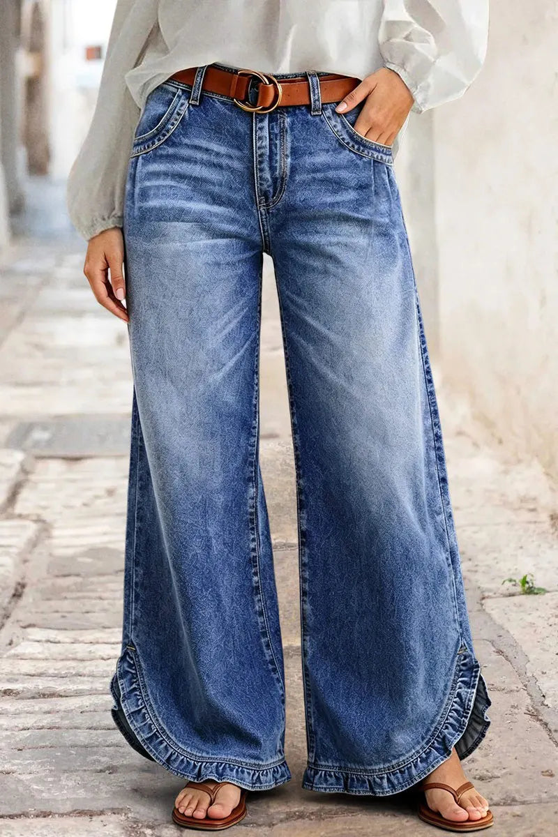 Ruffle Split Hem Pleated Mid Waist Wide Leg Jeans Without Belt