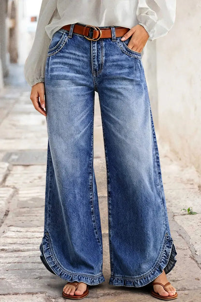 Ruffle Split Hem Pleated Mid Waist Wide Leg Jeans Without Belt