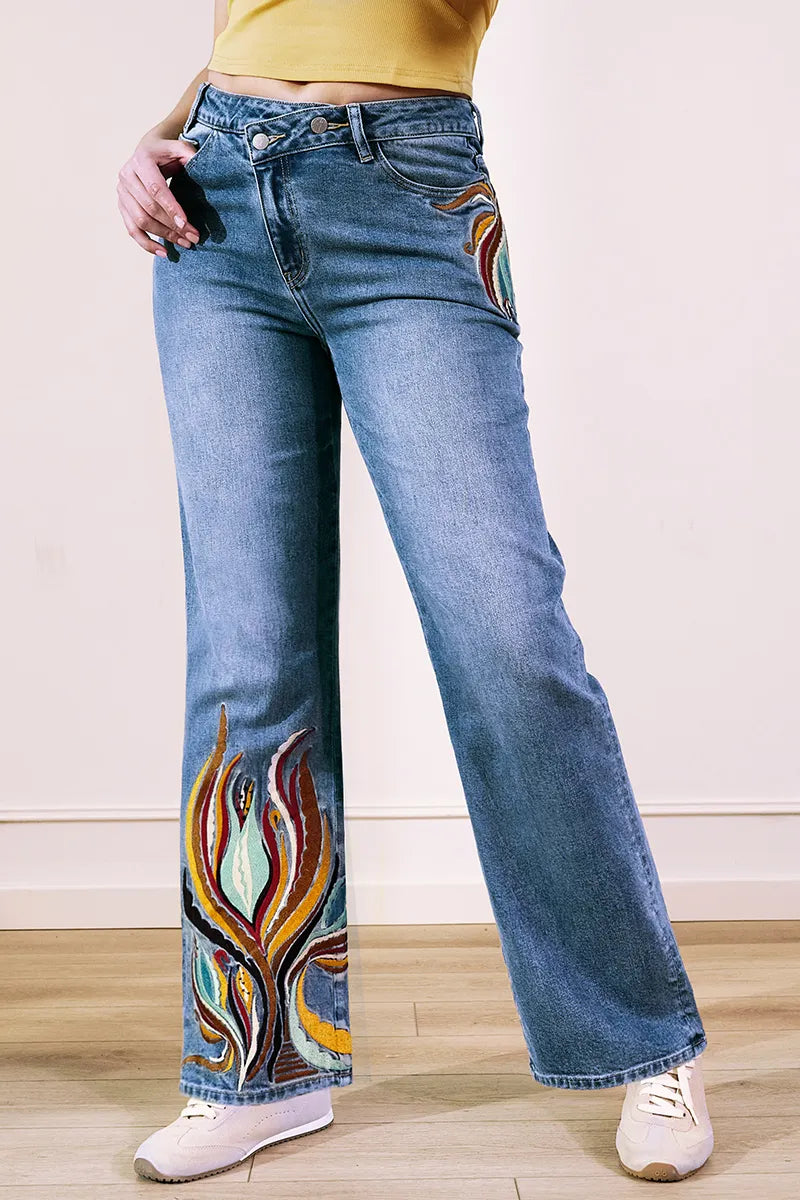 Wash Artistic Embroidery Dual Button Wrap Mid Waist Straight Leg Jeans