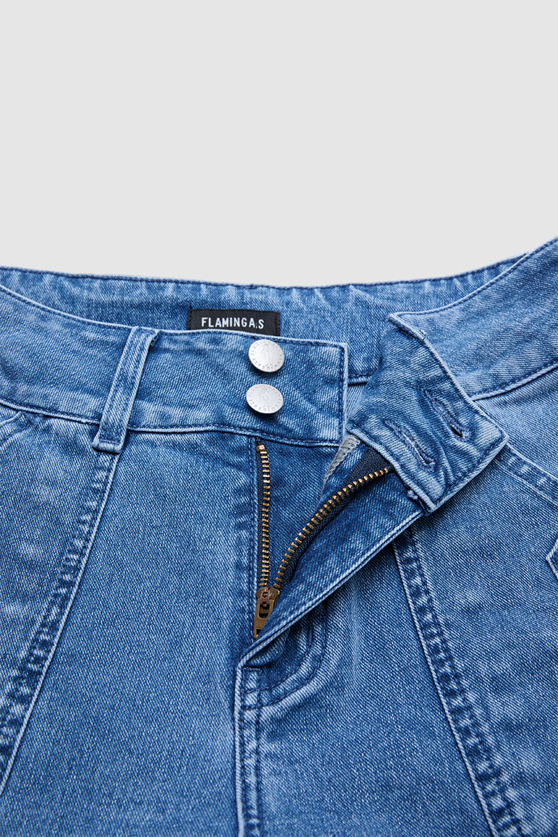 Wash Patch Pocket Drawstring Hem Mid Rise Cropped Wide Leg Jeans