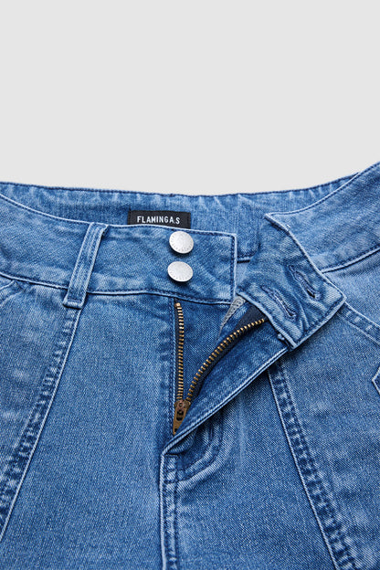 Wash Patch Pocket Drawstring Hem Mid Rise Cropped Wide Leg Jeans