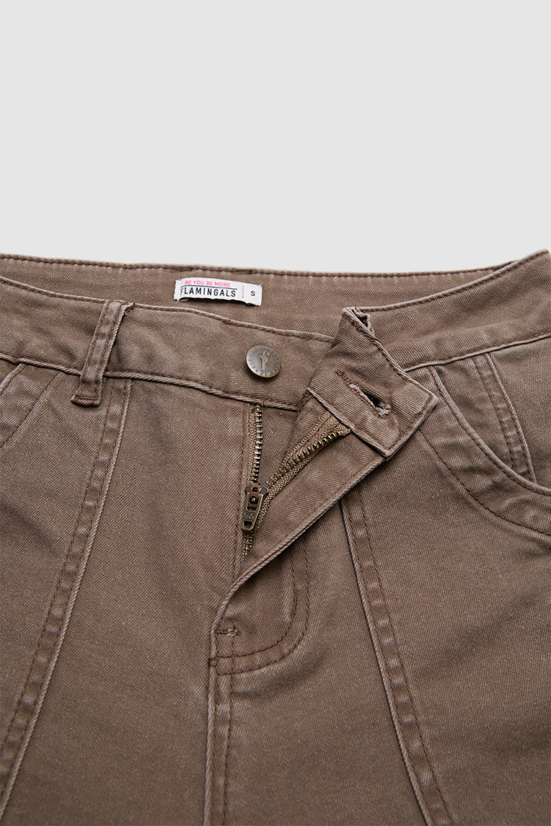 Flap Pocket Stitch Detail Mid Waist Flared Pants Without Belt