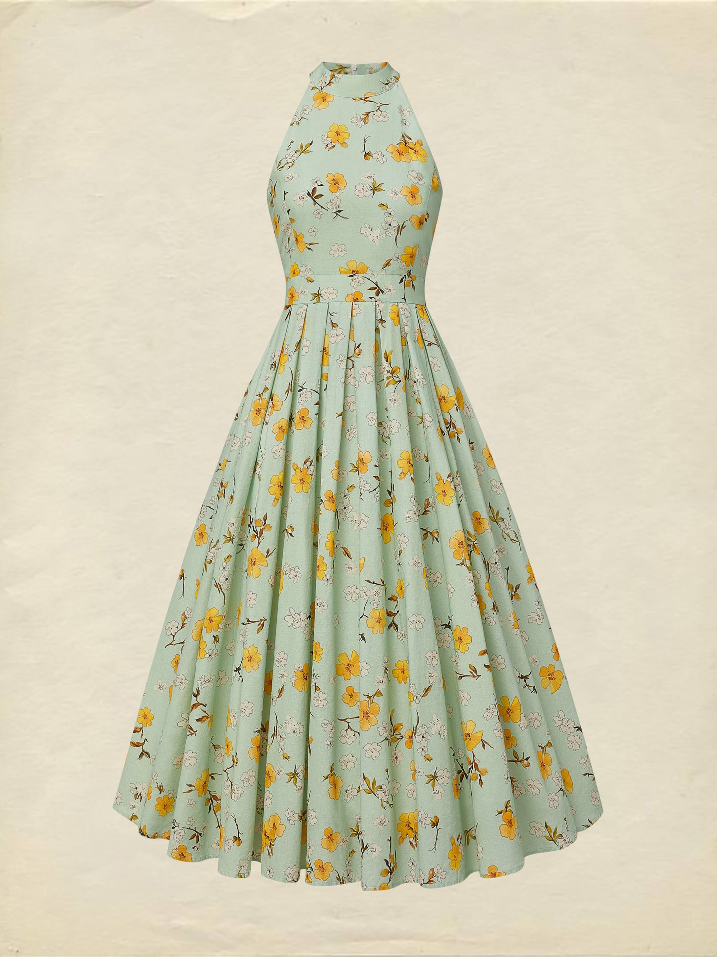 Robe midi en lin, sans manches, col licou, motifs floraux, poches, vacances, vintage, couleur aqua