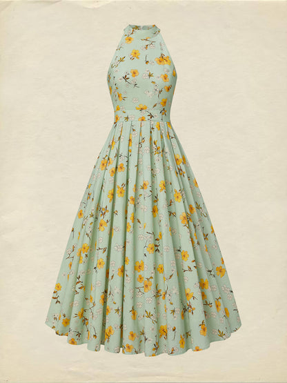 Robe midi en lin, sans manches, col licou, motifs floraux, poches, vacances, vintage, couleur aqua