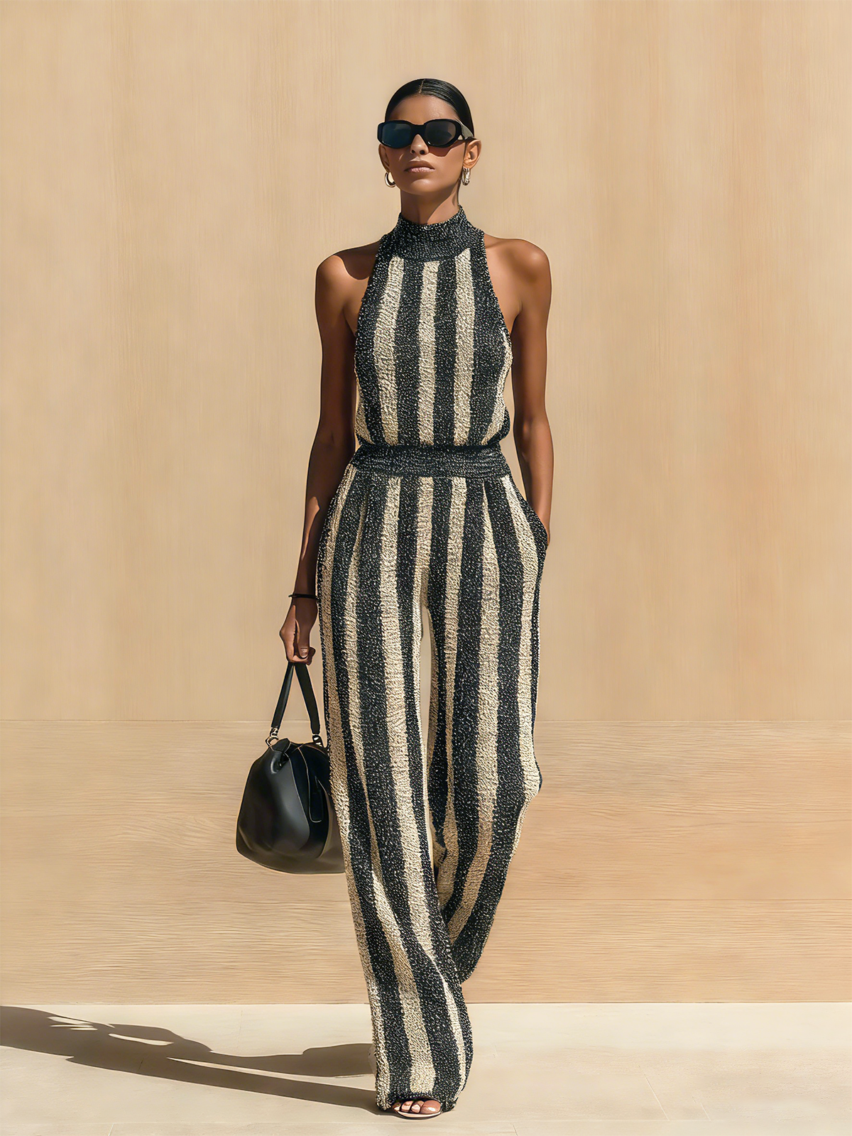 Chic Elegant Black-Beige Striped Mock-Neck Sleeveless Slim Fit Wide-Leg Ribbed Knit Jumpsuit