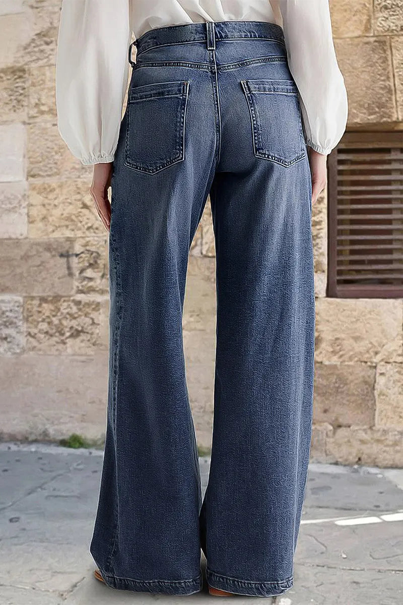 Wash Stitch Decor Wide Leg Mid Rise Jeans Without Belt