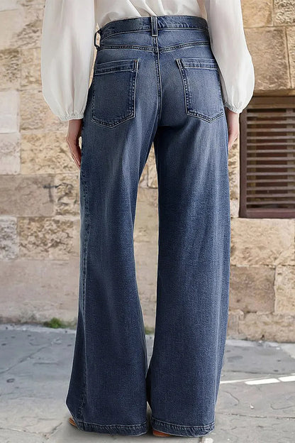 Wash Stitch Decor Wide Leg Mid Rise Jeans Without Belt