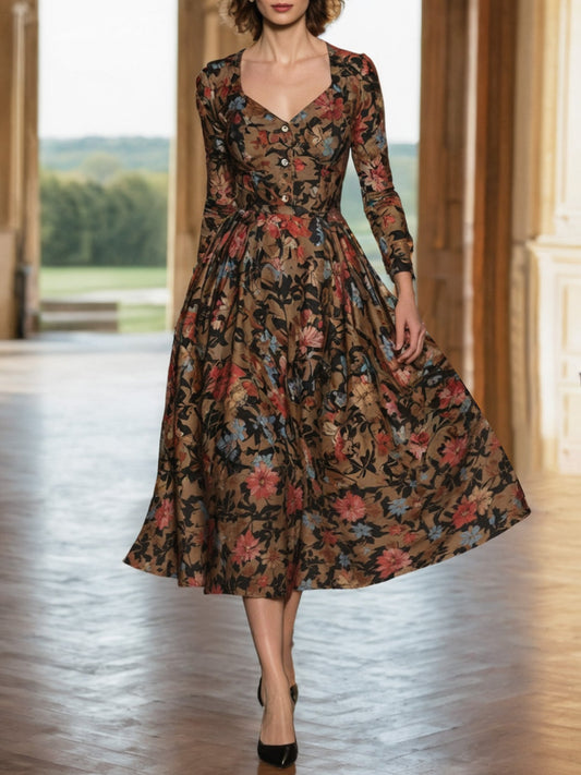Robe midi en lin, manches longues, encolure en cœur, imprimé floral, boutons, vacances, style vintage, marron foncé