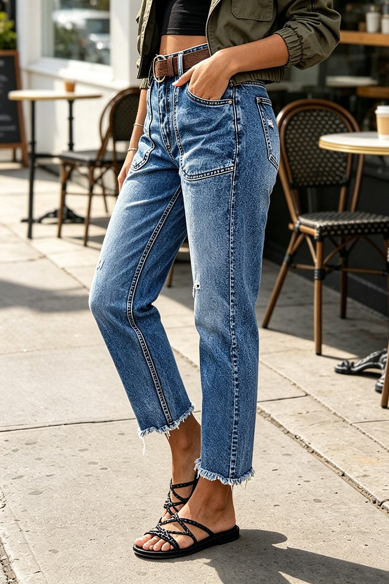 Wash Ripped Raw Hem High Rise Straight Leg Crop Jeans Without Belt