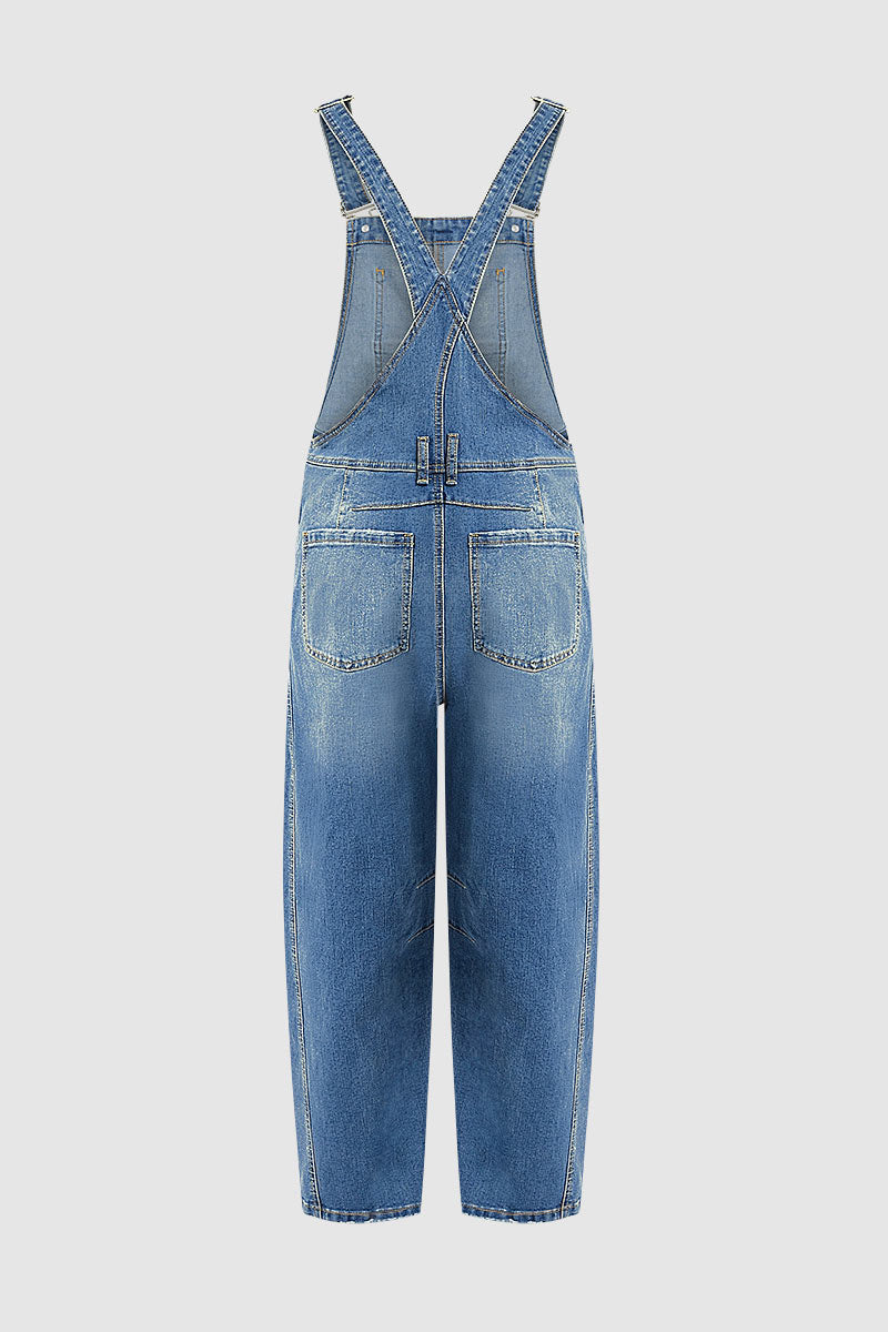 Stitch Detail Button Side Barrel Leg Denim Crop Overalls