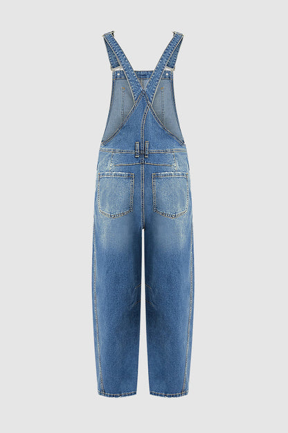 Stitch Detail Button Side Barrel Leg Denim Crop Overalls