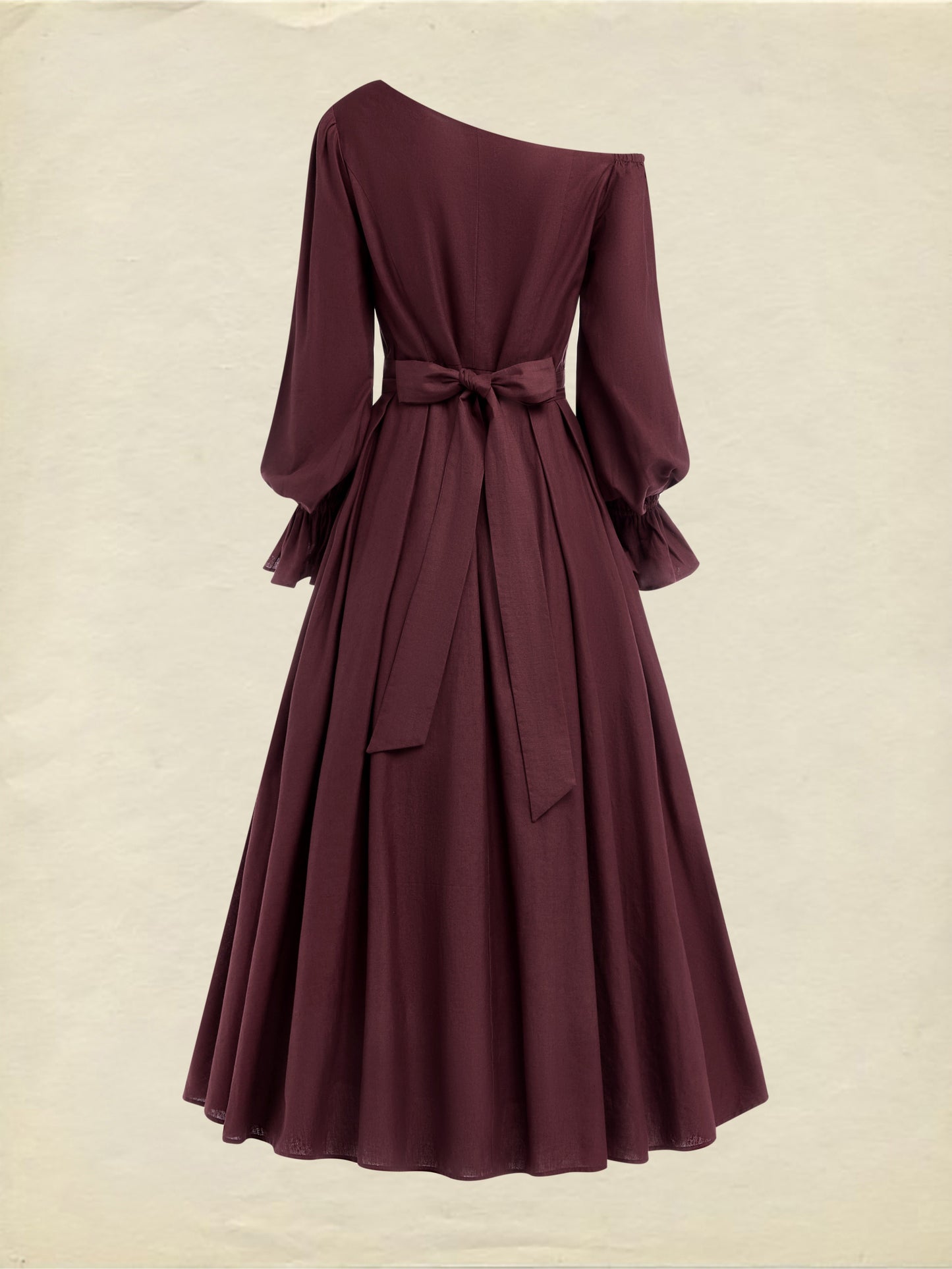 Robe Midi en Coton, Manches Longues, Une Épaule, Unie, Ceinturée, Vintage Français, CAMEO BROWN