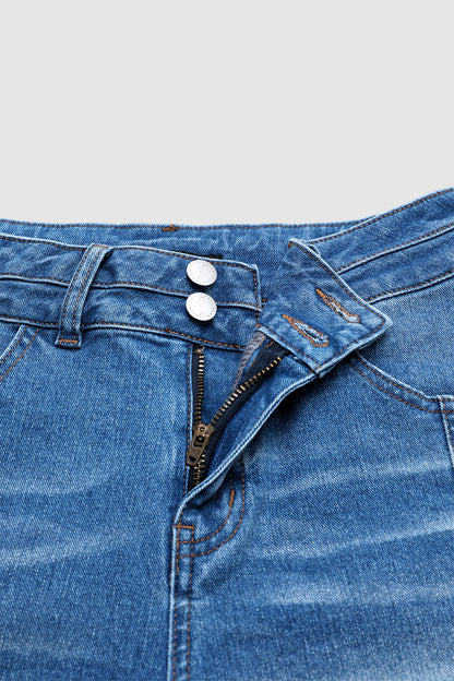 Wash Seam Front Raw Hem Dual Button High Rise Mid Thigh Denim Shorts