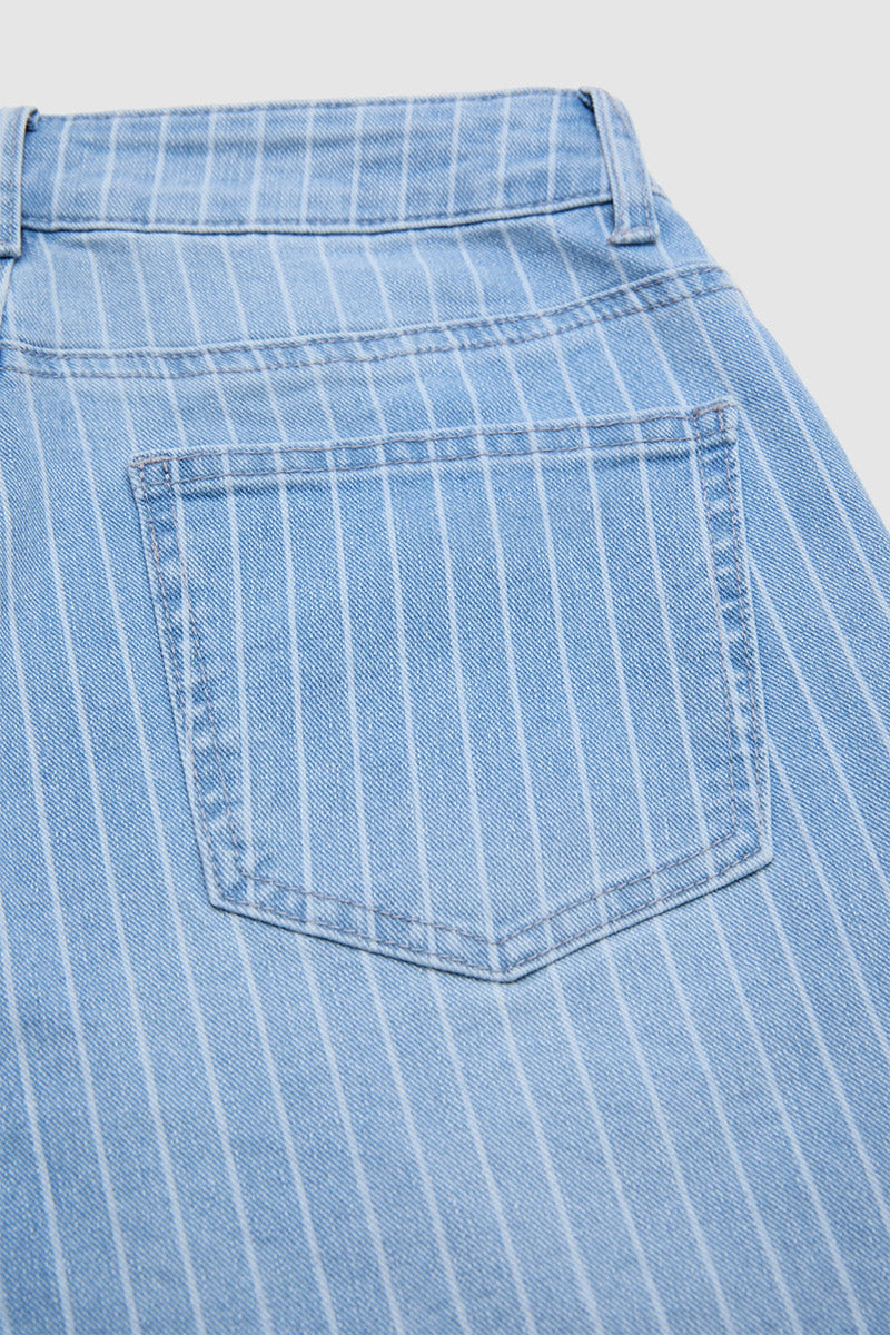 Striped Raw Hem Patch Pocket High Rise Denim Bermuda Shorts Without Belt