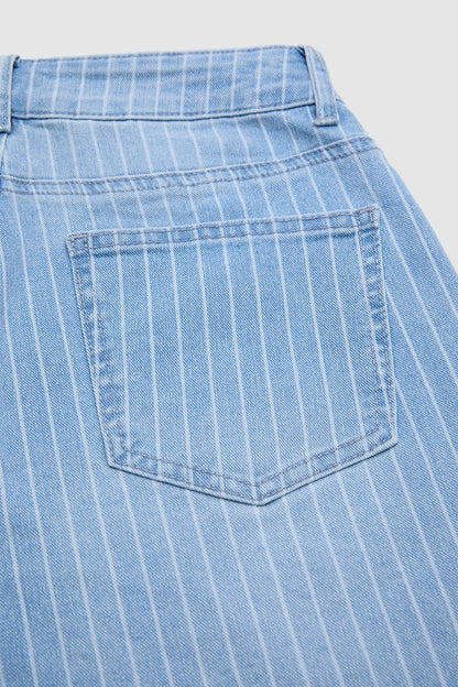 Striped Raw Hem Patch Pocket High Rise Denim Bermuda Shorts Without Belt