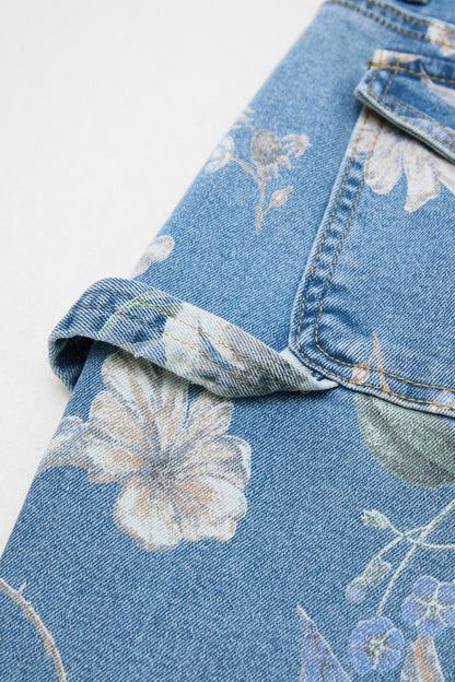Floral Print Flap Pocket Mid Waist Barrel Leg Capri Jeans