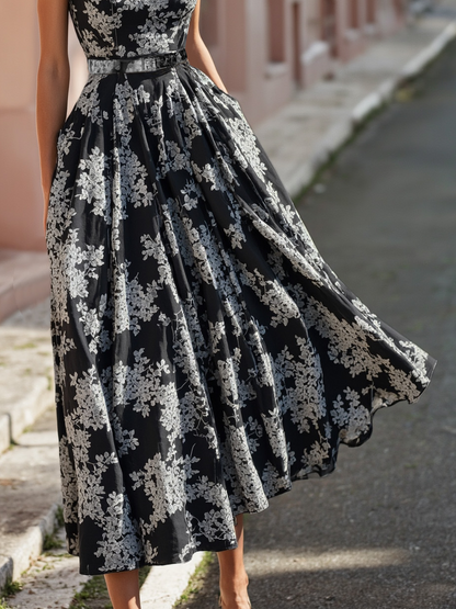 Robe longue en lin, sans manches, col rond, motif floral, ceinture, vacances, style vintage, bleue