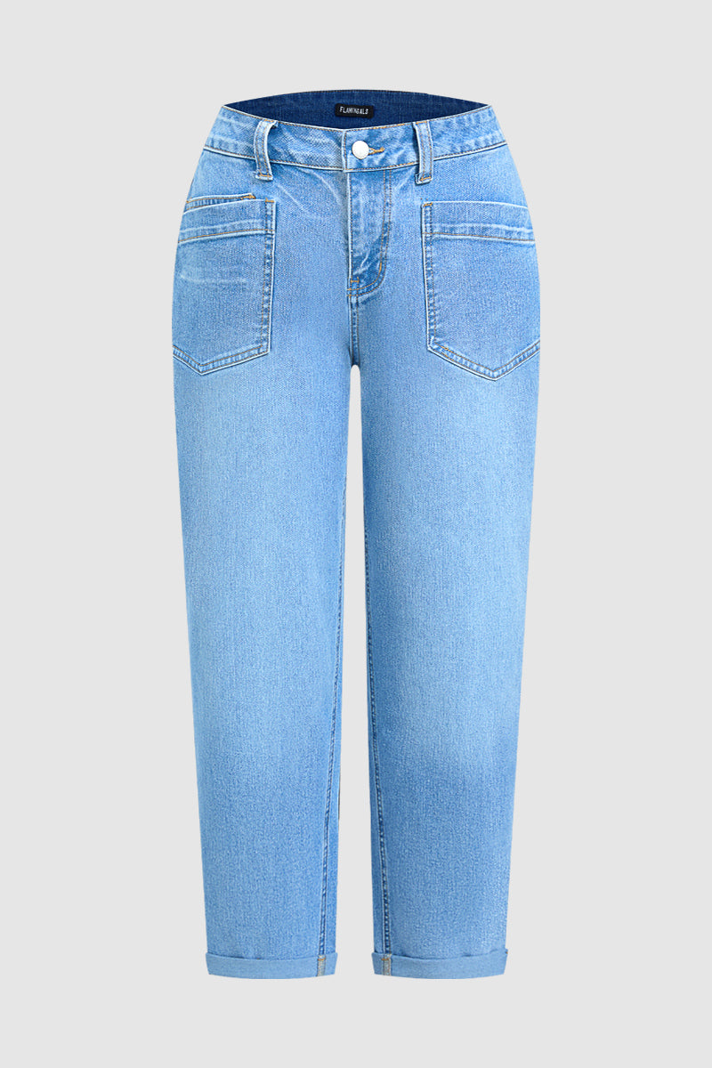 Wash Roll Hem Mid Waist Straight Leg Crop Jeans