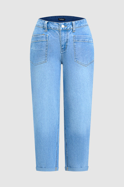 Wash Roll Hem Mid Waist Straight Leg Crop Jeans