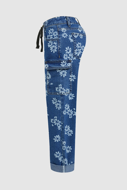 Floral Print Roll Hem Drawstring High Waist Barrel Leg Crop Jeans