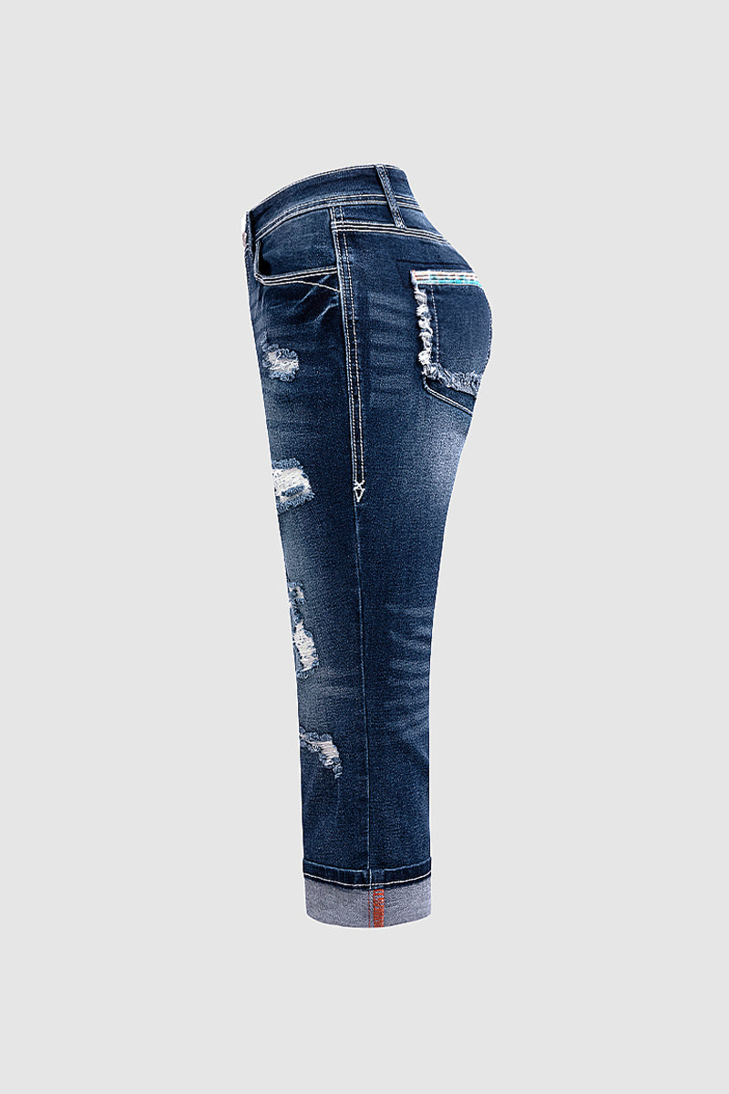 Ripped Roll Hem Wash Stretchy Low Waist Capri Jeans