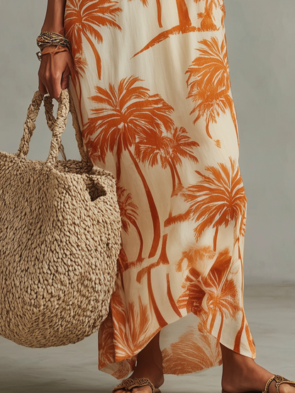 Robe longue à col en V et imprimé palmiers tropicaux
