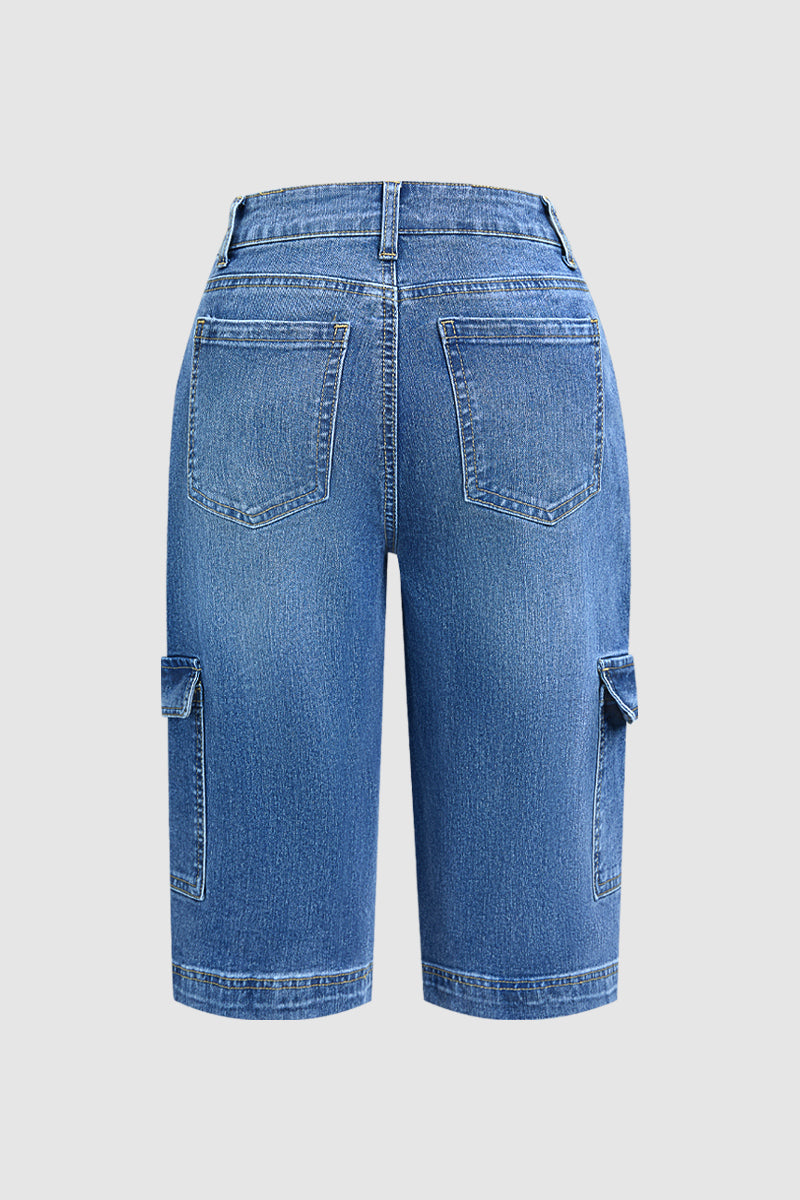 Wash Flap Pocket High Waist Straight Leg Capri Jeans Without Belt