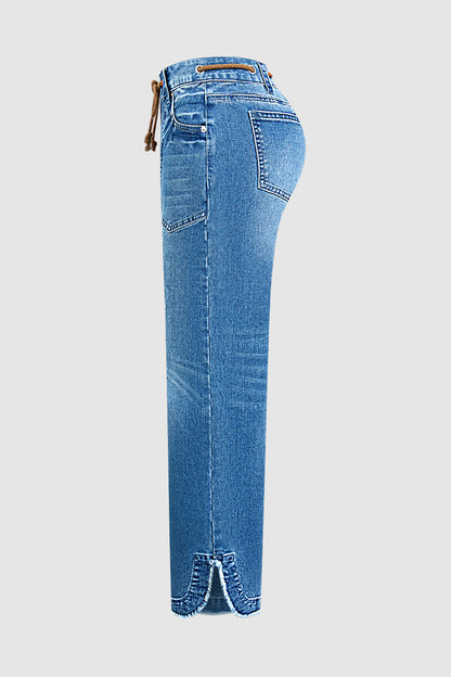 Drawstring Raw Hem Split Mid Waist Wide Leg Jeans