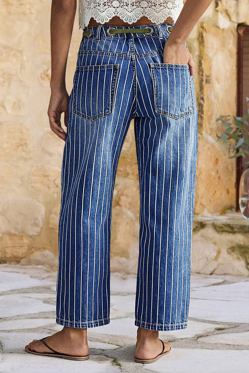 Pinstripe Drawstring Patched Pocket High Waist Straight Leg Crop Jeans
