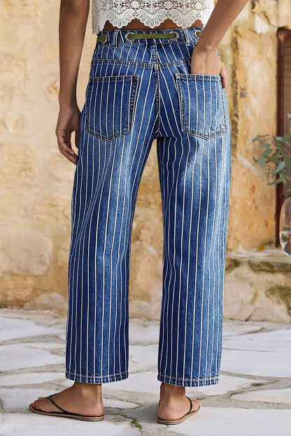 Pinstripe Drawstring Patched Pocket High Waist Straight Leg Crop Jeans