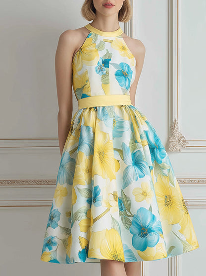 Halter Neck Yellow Blue Floral Print A-Line Midi Dress
