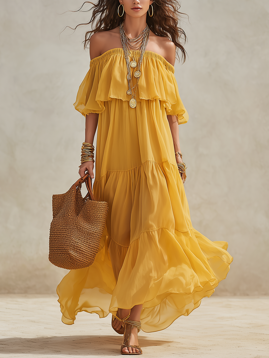 Robe longue en mousseline de soie étagée jaune tournesol vif à épaules dénudées