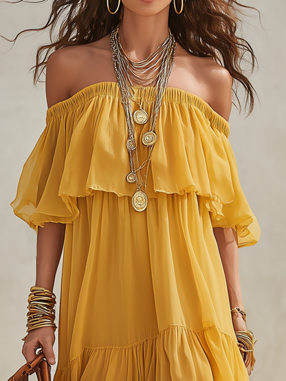 Robe longue en mousseline de soie étagée jaune tournesol vif à épaules dénudées