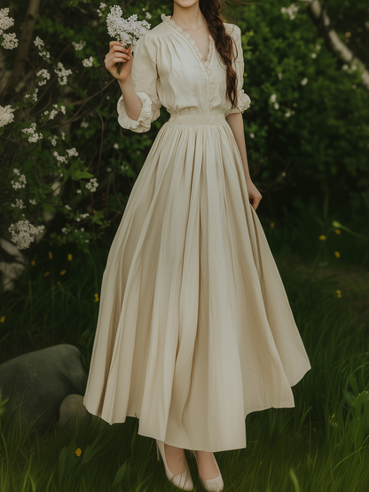Robe longue en lin, manches longues, col en dentelle, unie, pour un thé, couleur abricot