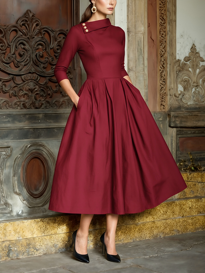 Robe midi en coton, manches courtes, col châle, unie, poches, vintage, cramoisie