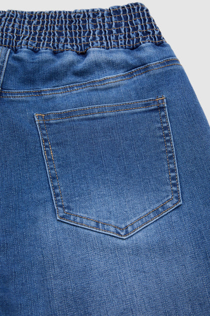 Drawstring Roll Hem Shirred Mid Waist Skinny Capri Jeans