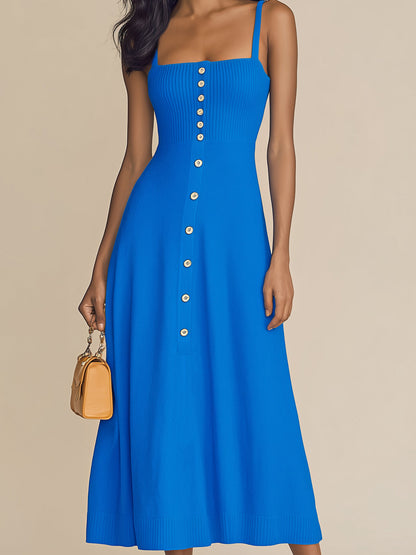 Chic Elegant Royal Blue Thin Straps Sleeveless Button-Front Slim-Fit Ribbed Knit A-Line Midi Dress