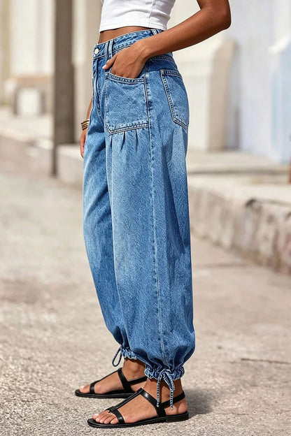 Wash Drawstring Hem Mid Rise Cropped Wide Leg Jeans