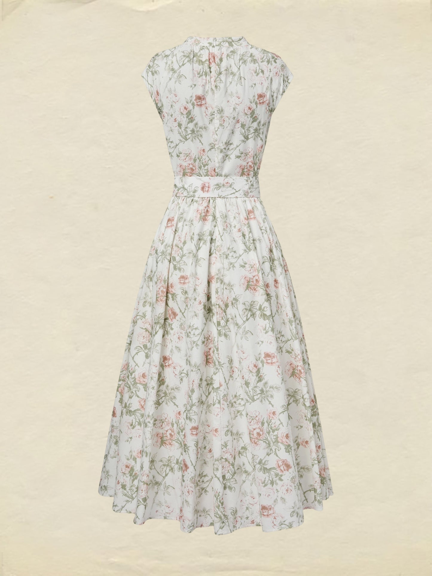 Robe midi en coton, manches courtes, col rond, motif floral, ceinture, style vintage, couleur abricot
