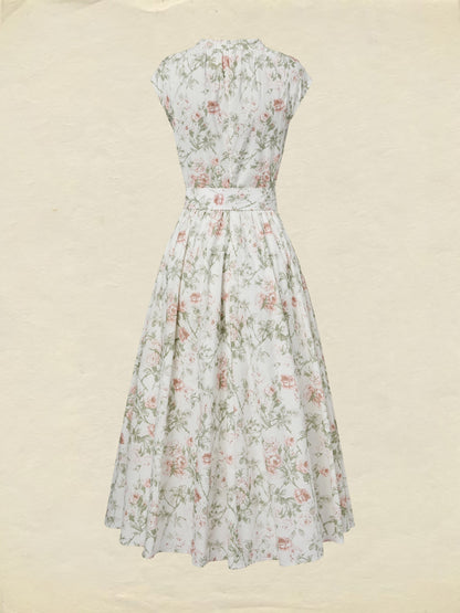 Robe midi en coton, manches courtes, col rond, motif floral, ceinture, style vintage, couleur abricot