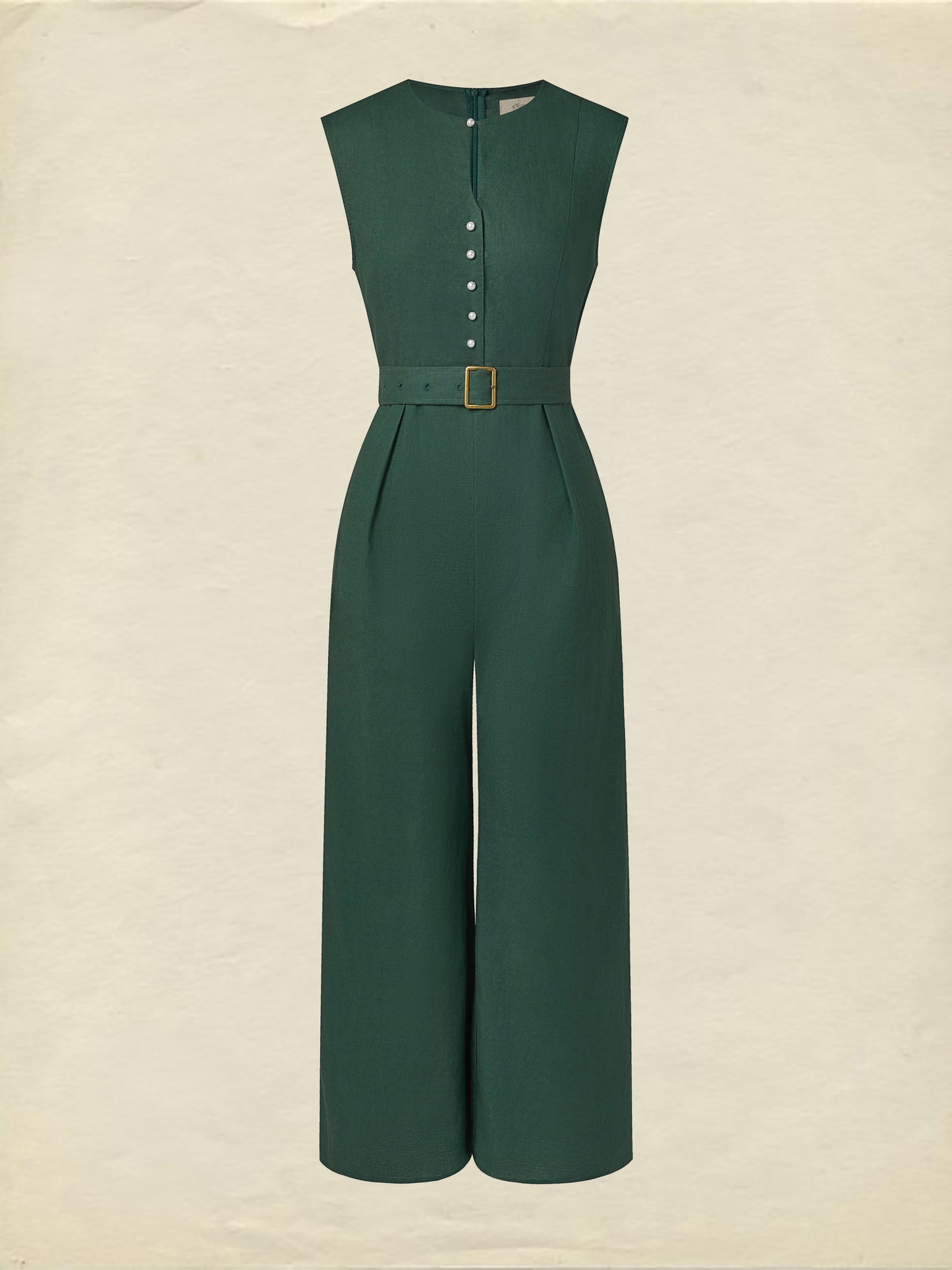 Combinaison en lin, sans manches, col en V, unie, boutonnée, vintage, verte