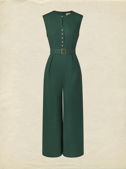 Combinaison en lin, sans manches, col en V, unie, boutonnée, vintage, verte