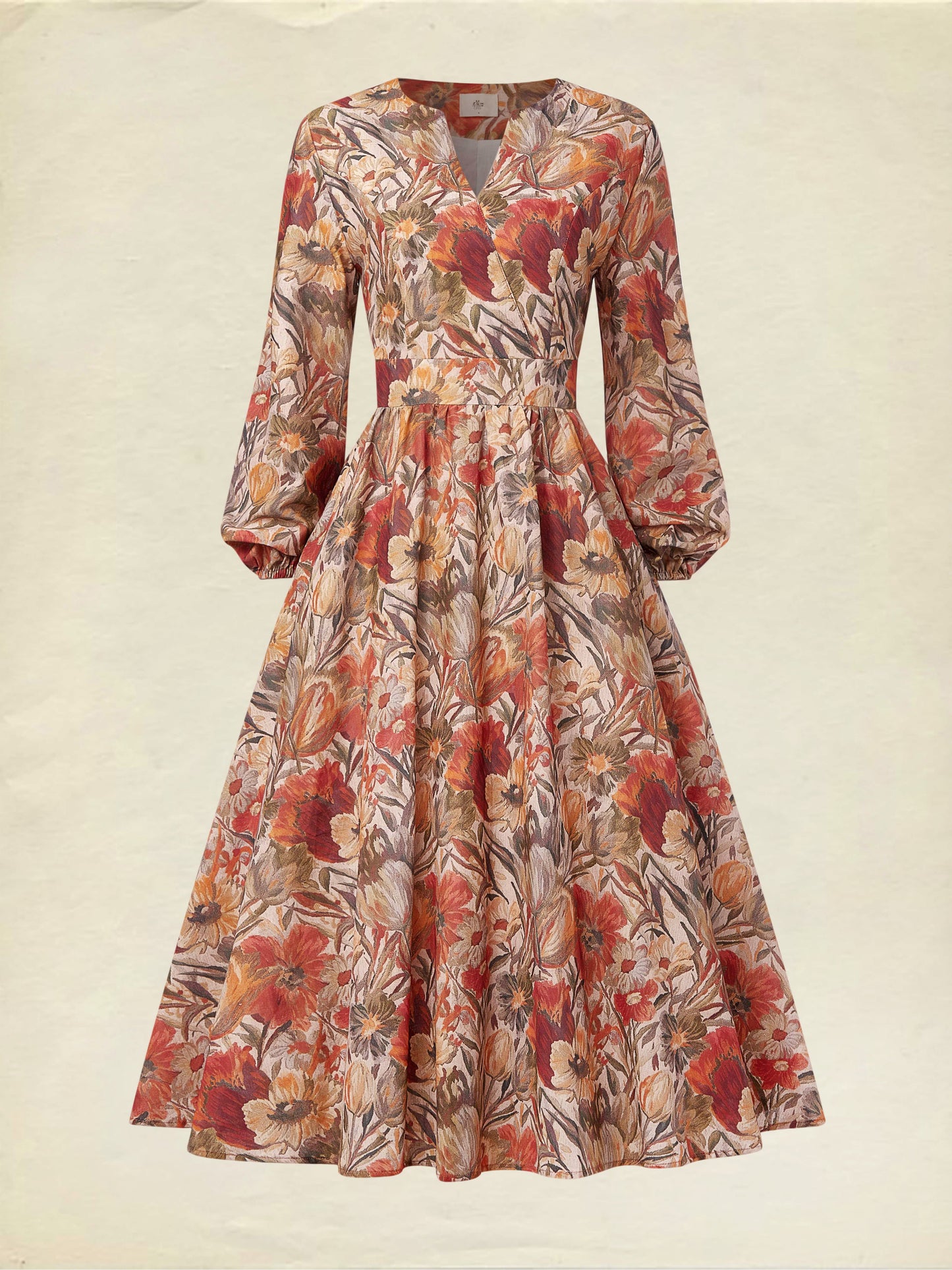 Robe Midi en Lin, Manches Longues, Col V, Florale, Poches, Vacances, Vintage, Jaune-Marron