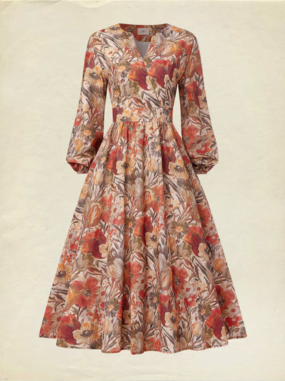 Robe Midi en Lin, Manches Longues, Col V, Florale, Poches, Vacances, Vintage, Jaune-Marron