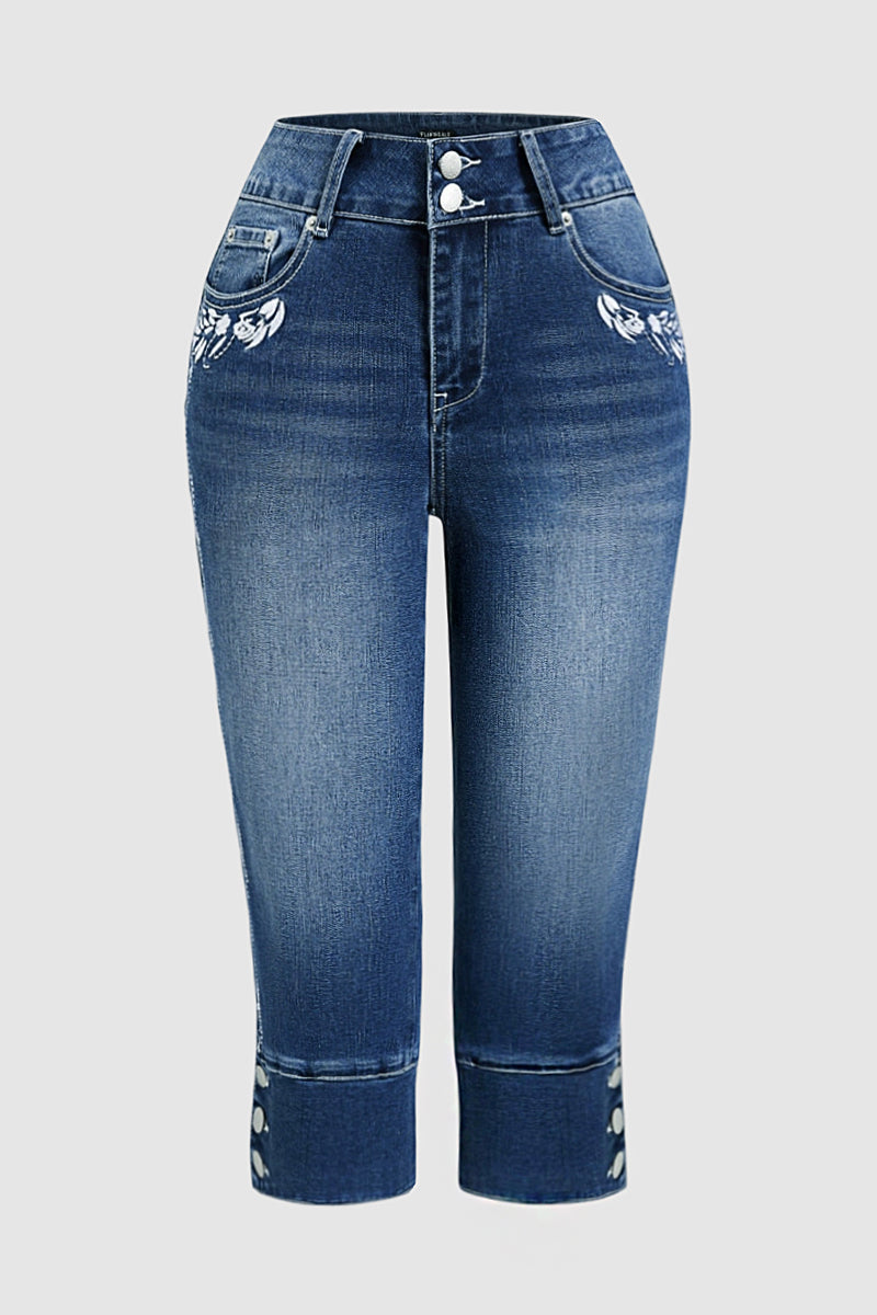 Plant Embroidery Button Decor Mid Waist Skinny Capri Jeans