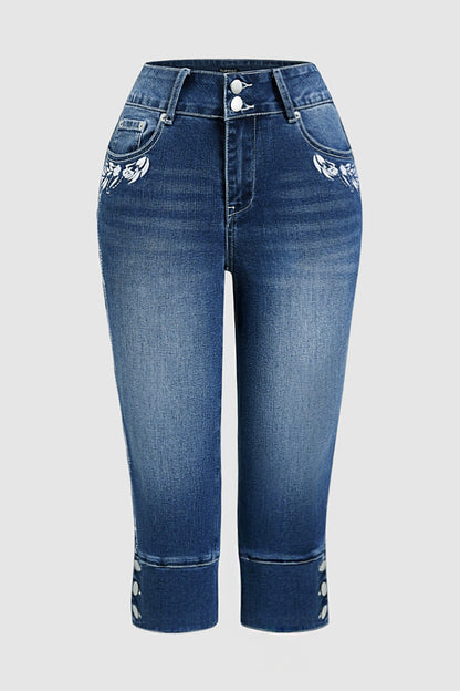 Plant Embroidery Button Decor Mid Waist Skinny Capri Jeans