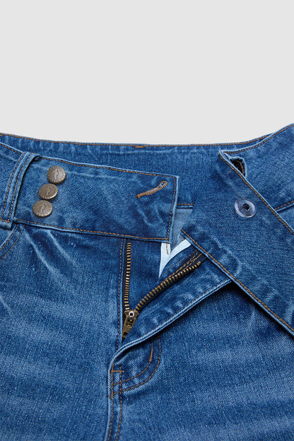 Wash Roll Hem Button Up Mid Rise Barrel Leg Crop Jeans