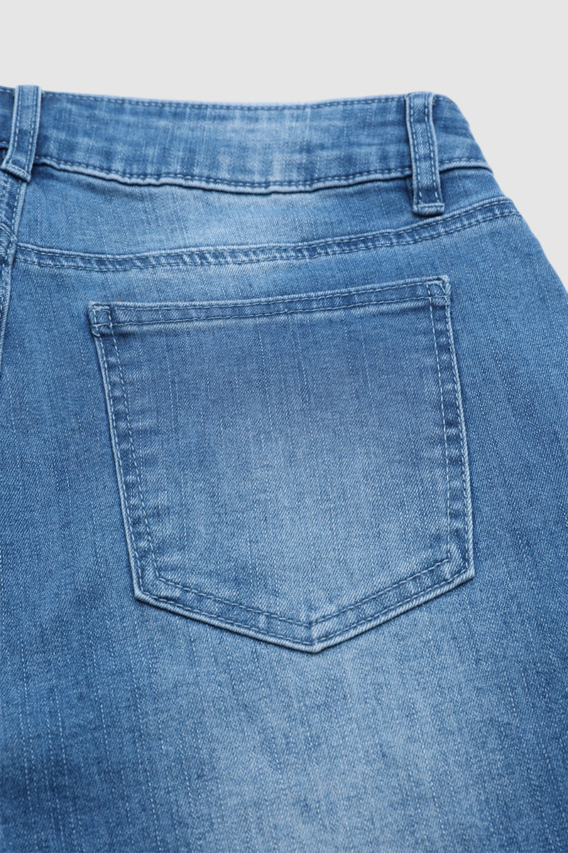 Wash Flap Pocket Mid Rise Mid Thigh Denim Shorts Without Belt